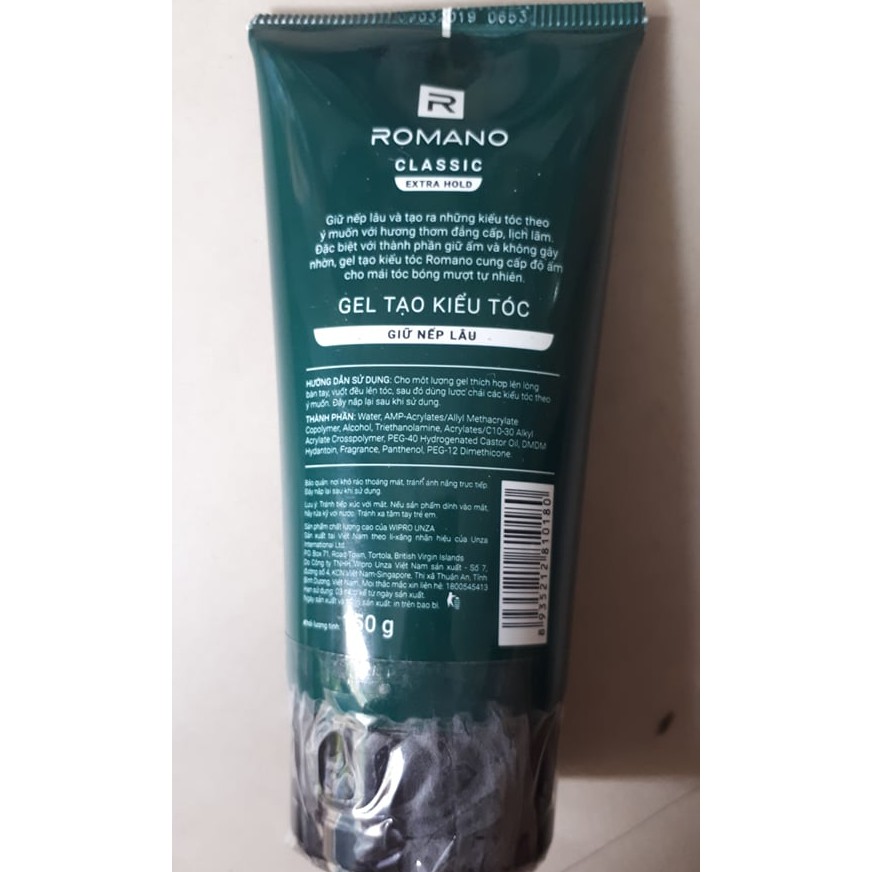 Gel tạo kiểu tóc giữ nếp lâu Romano số 4 Extra hold 150g