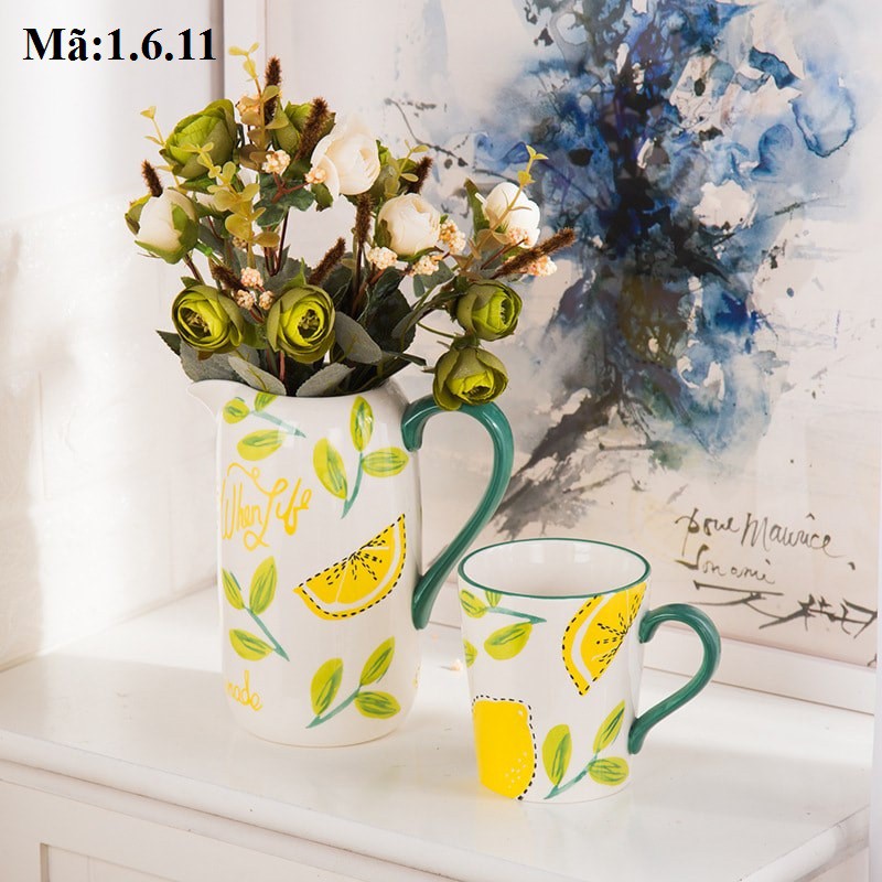 Bình và cốc uống nước, uống cà phê in hình quả chanh dễ thương sáng tạo, ly tách uống nước: 1.6.11