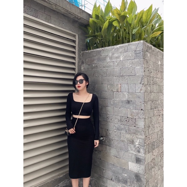 Ảnh thật ) V0802 Set body cotton áo cổ vuông và chân váy bút chì