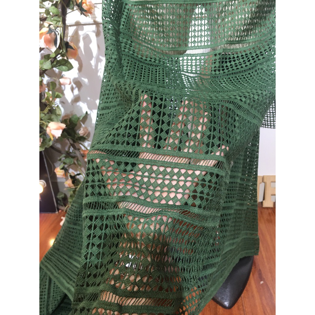 Ren thêu chỉ màu xanh rêu khổ 1,3m dùng may váy đầm thời trang, làm đồ decor trang trí