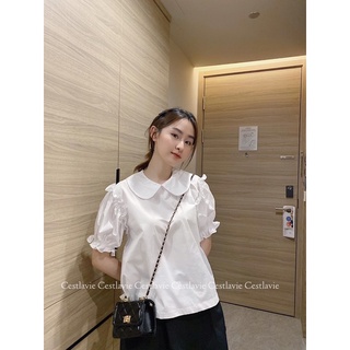Áo sơmi trắng cổ sen tay bồng mix chân váy đen siêu xinhh