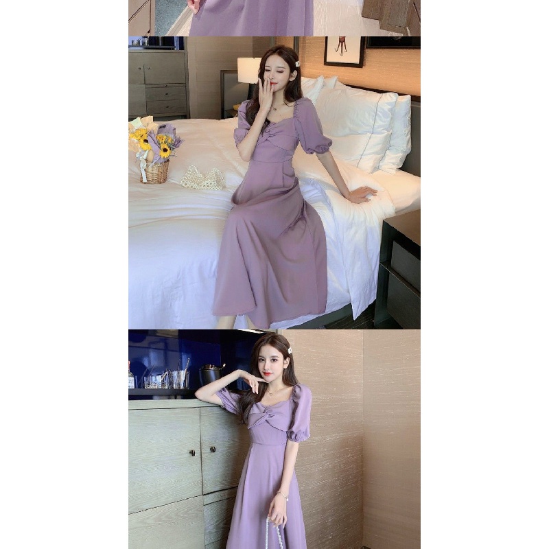 French Gentle Simple Temperament Long Dress2021Summer Fairy Square Collar Slimming Slimming Purple Elegant Dress