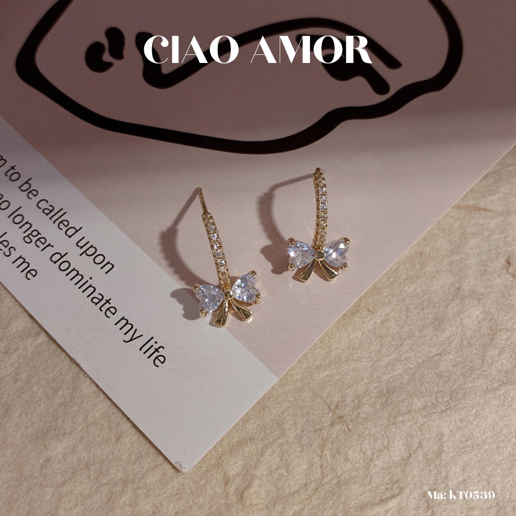 Khuyên tai nữ, Bông tai nụ thanh đính nơ ngắn mảnh dễ thương Trang sức Ciao Amor - KT0539