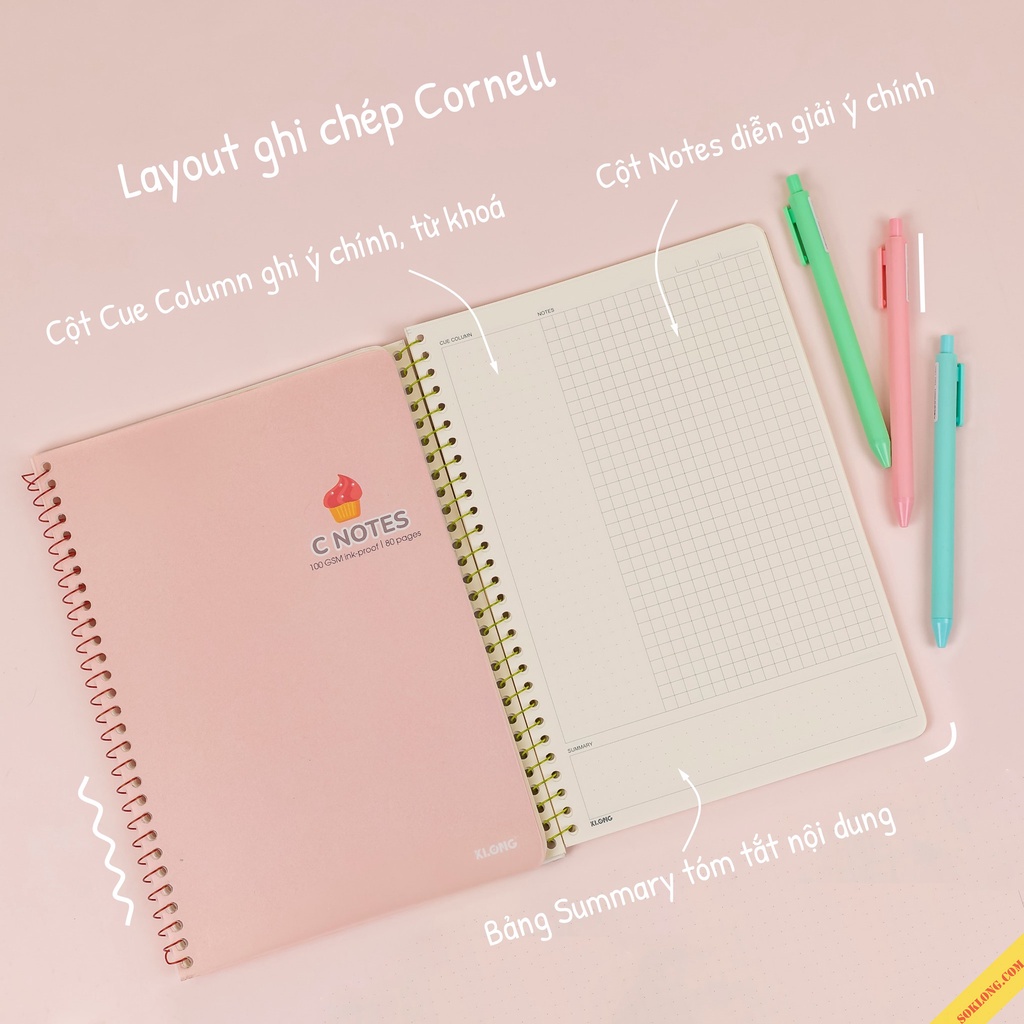 Vở note cornell B5 Klong 200/120/80 trang lò xo đơn C Notes kết hợp dot và caro 6x6mm, tập sổ Klong