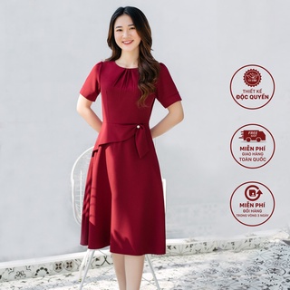 Đầm trung niên dự tiệc cao cấp, công sở thiết kế cổ xếp ly eo nhấn điểm đính ngọc màu đỏ đô TTV801 TTV Store