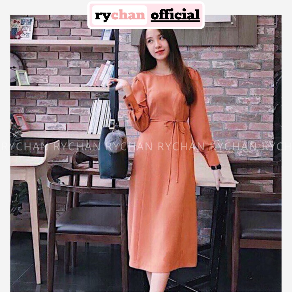 [ẢNH THẬT CUỐI] DM699 - Đầm Maxi Xòe Cam Tay Dài Cột Dây Eo