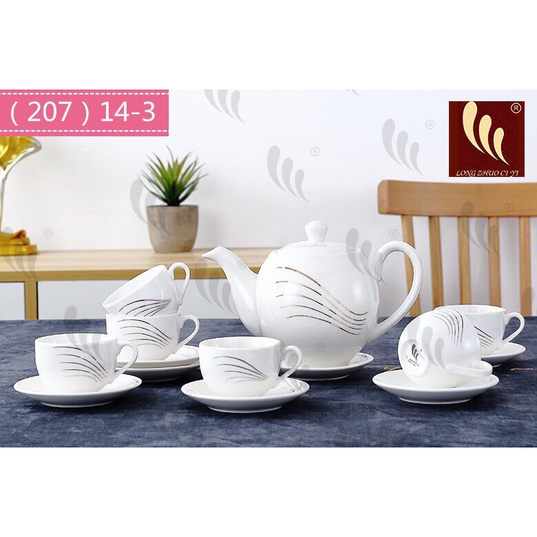 Bộ ấm chén sứ trắng kèm 7 đĩa Camellia (207)14-3