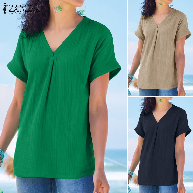 Áo thun ZANZEA ngắn tay cổ chữ V màu trơn đơn giản dễ phối đồ cho nữ