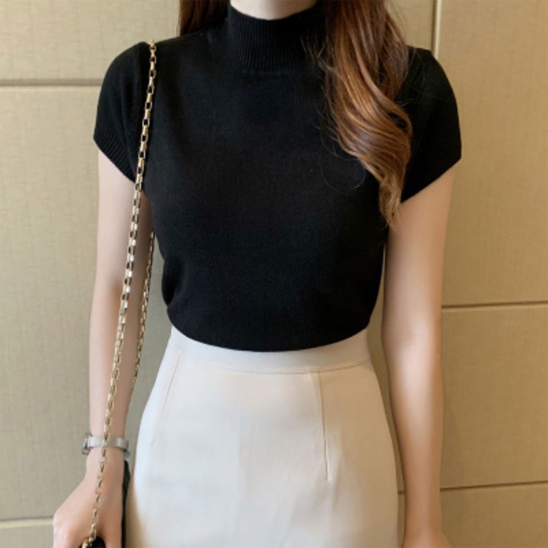 Áo Thun Dệt Kim Tay Ngắn Màu Trơn Cổ Lọ Dáng Ôm Thời Trang Mùa Hè Xinh Xắn Cho Nữ