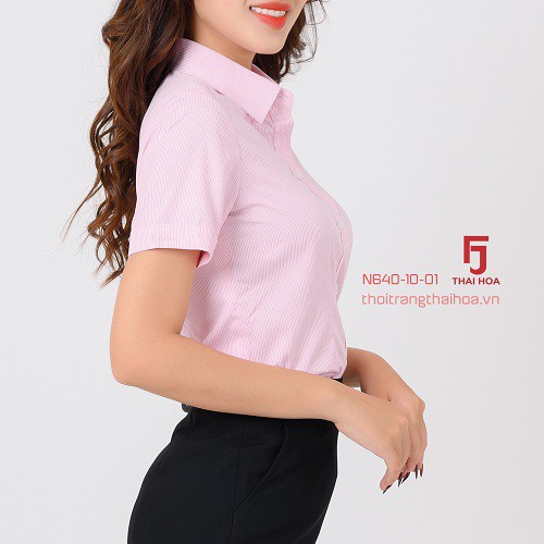 Áo sơ mi nữ công sở ngắn tay, màu hồng, kẻ tăm, trẻ trung Sơ mi nữ Thái Hòa N640-10-01