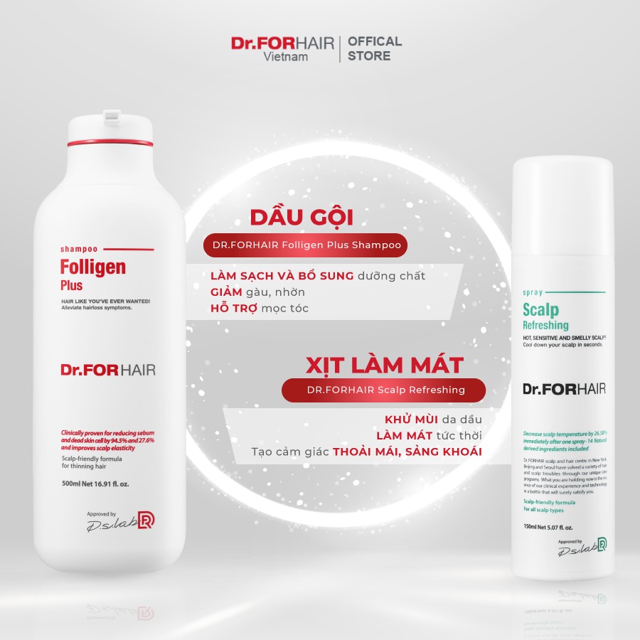 Bộ gội xả dưỡng làm sạch sâu, GIẢM NGỨA, mát lạnh tức thì của Dr.FORHAIR Folligen Plus x Scalp Pack x Spray