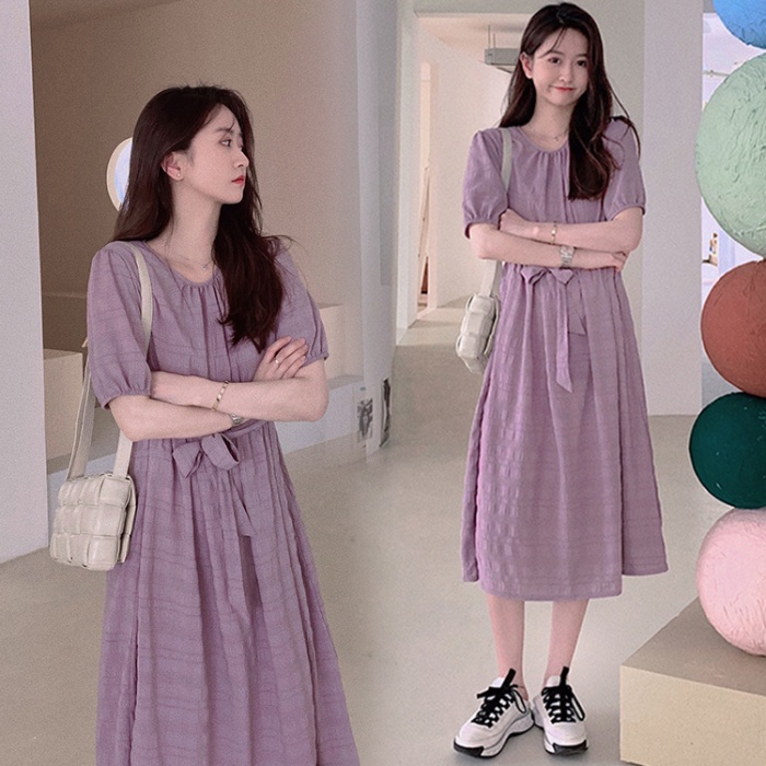 Đầm Midi Thắt Nơ Nhấn Eo Màu Tím Phong Cách Pháp Thời Trang Sang Trọng Cho Nữ