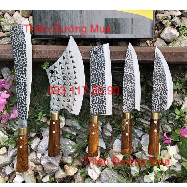 Bộ Dao Nhà Bếp Đa Năng 5 Món - Thép Nhíp Dập Vân 2 Mặt, Dùng Chặt Cây, Chặt Xương, Thái Lọc Thịt