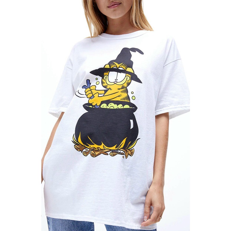 Áo thun nữ ngắn tay cổ tròn in hình mèo Garfield, chó Snoopy và thỏ Bunny