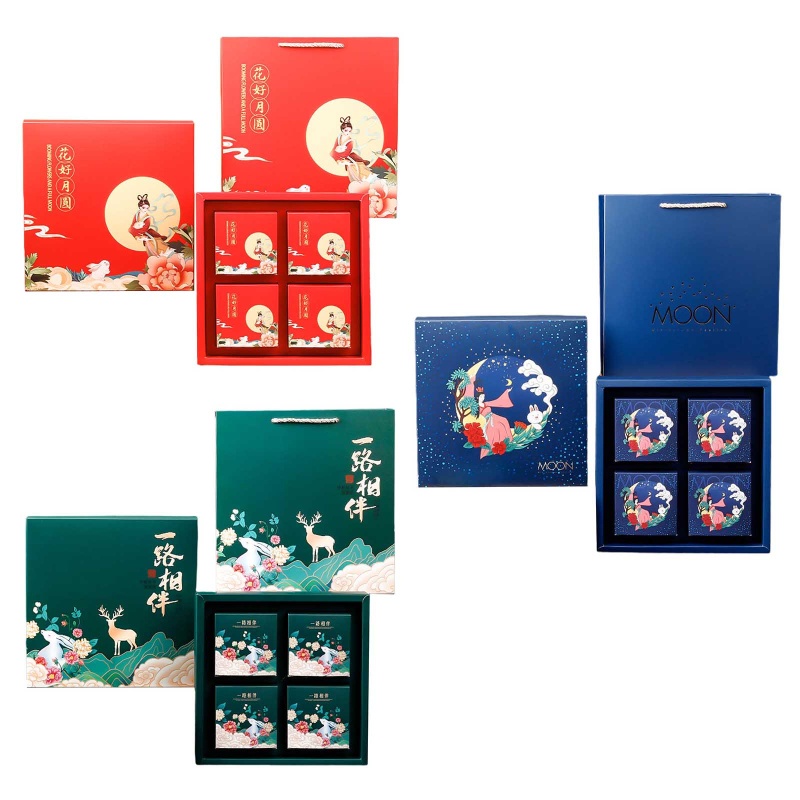 Hộp Đựng Bánh Trung Thu 4 Ngăn Bằng Giấy Có Nắp Dùng Trang Trí Lễ Hội