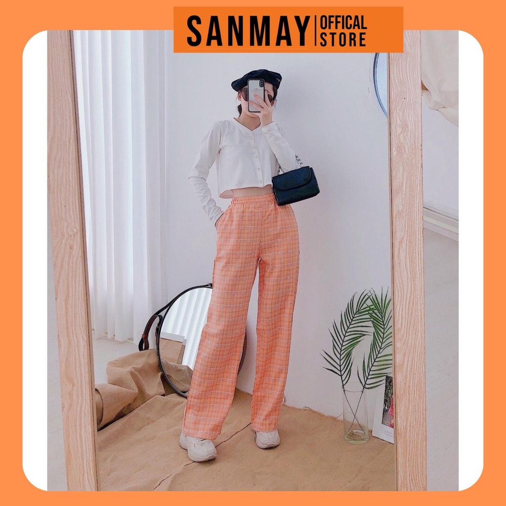 Quần Kẻ Sọc Caro Kẻ Nữ Ống Rộng Lưng Cao Quần Baggy Unisex Dáng Suông Form Dài Cạp Chun Đi Học Đẹp SANJOLI QD003