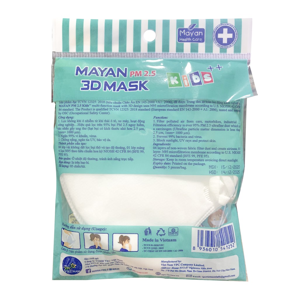 Khẩu Trang Mayan 3D Mask Chống Bụi PM 2.5 Gói 5 Miếng (Loại có màng lọc Micro Filter)