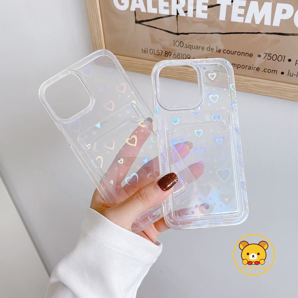 Ốp Điện Thoại Silicon Màu Laser Trong Suốt Họa Tiết Trái Tim Kèm Ngăn Đựng Thẻ Cho iPhone 11 13 12 Pro Max XS X XR 7 8 Plus