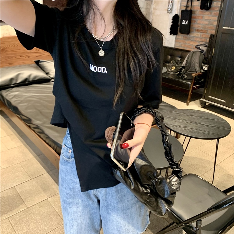 Áo Thun Tay Ngắn Cổ Tròn Thêu Họa Tiết Phong Cách Hàn Quốc Cho Nữ