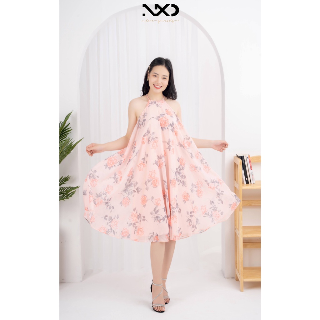 Đầm xòe đi biển hoa xanh cổ yếm- Thương hiệu NXD- Mã DXDB02