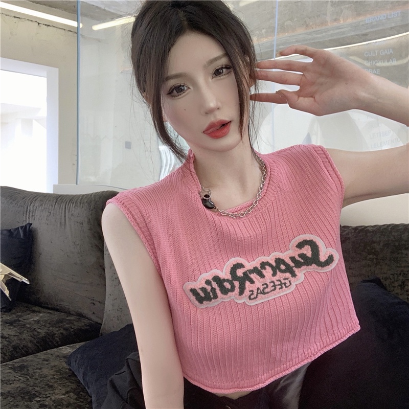 QKOOLE  Áo Len Croptop Không Tay Dáng Rộng Kiểu Hàn Quốc