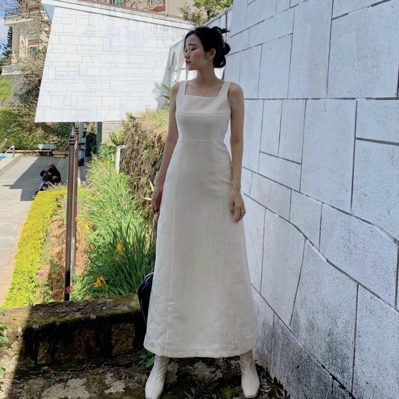 Đầm váy midi trắng hai dây form suông dài