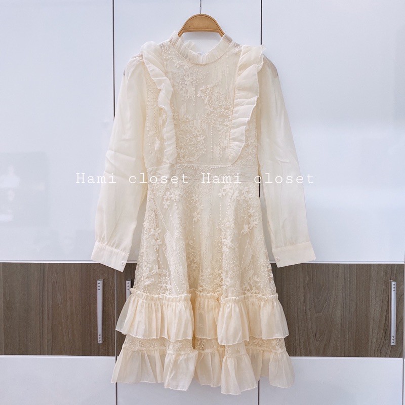 Váy thiết kế thêu hoa ren chất voan tơ dáng đầm ôm xếp ly hai tầng hàng chuẩn có size Mã V004