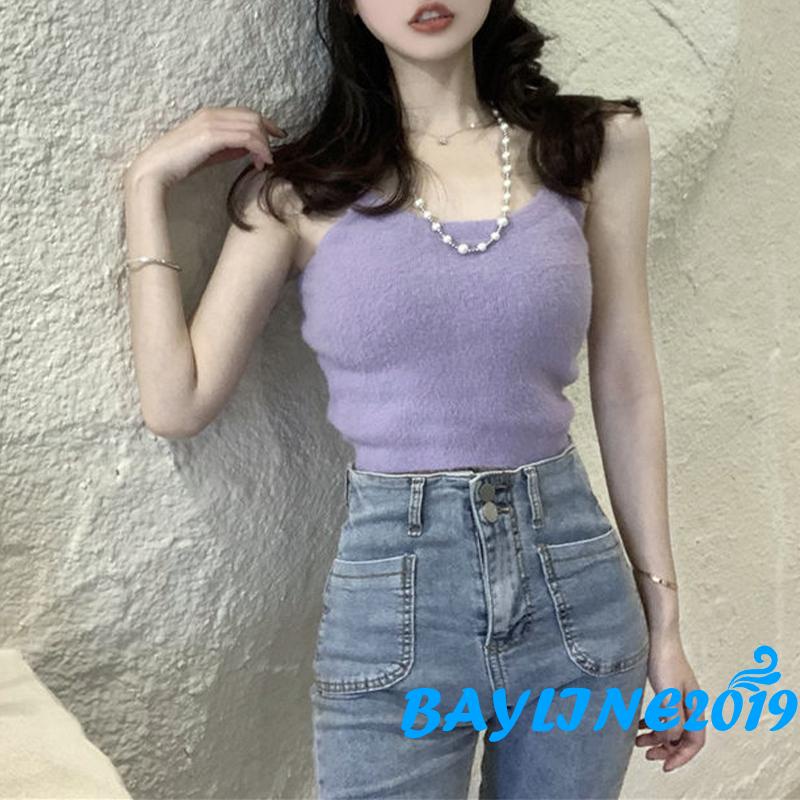 BAY-Áo croptop cổ chữ U màu trơn dây xích kim loại cho nữ