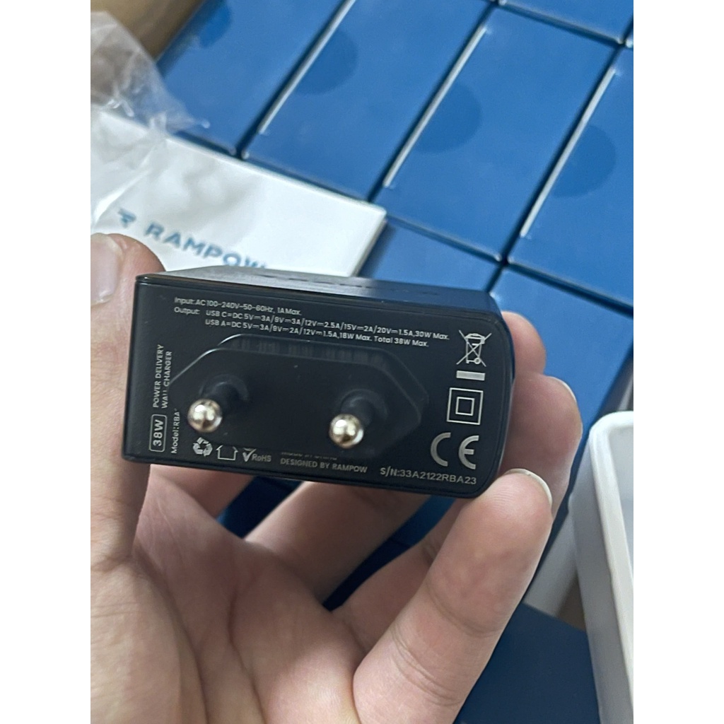 Củ Sạc siêu nhanh RAMPOW 38W chính hãng thương hiệu Mỹ hai cổng PD và USB, sạc nhanh cho IP, Samsung, Huawei, Oppo,..