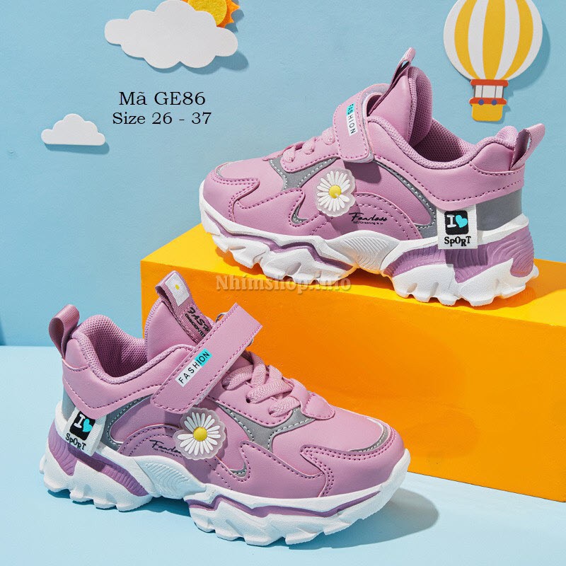 Giày thể thao bé gái dáng sneaker năng động đế Eva siêu nhẹ màu tím họa tiết hoa cúc  cho trẻ em 3 - 12 tuổi GE86