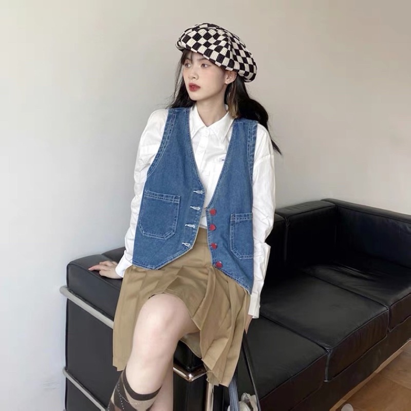 Áo khoác gile denim hơi hướng vintage cổ điển