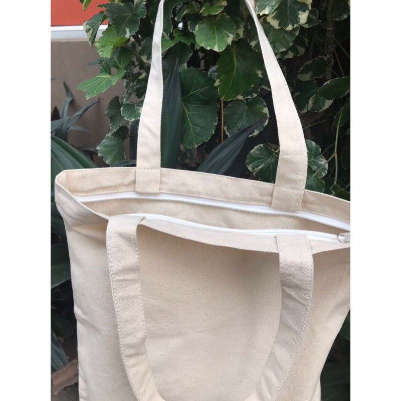 Túi xách tote vải canvas trơn màu kem