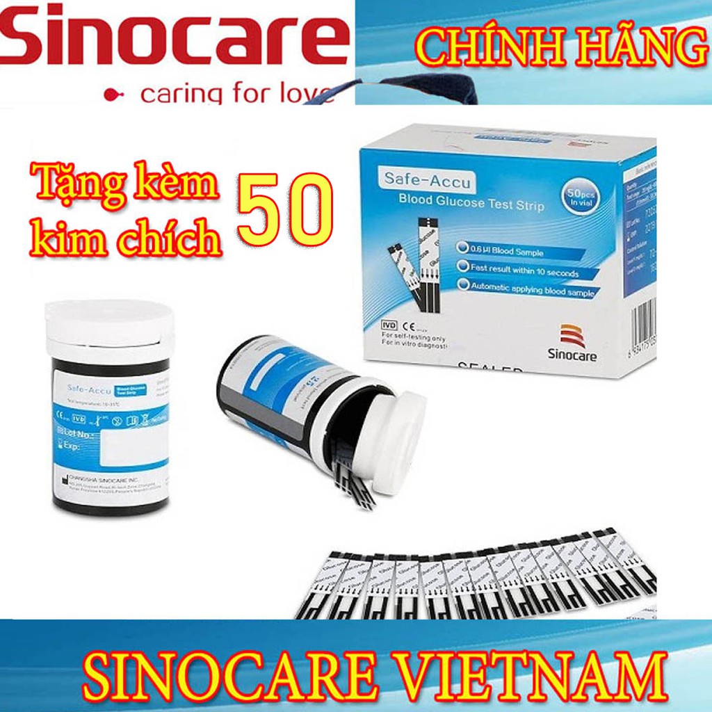 Que Thử Đường Huyết Hộp 50 Que Safe Accu Tặng Kèm 50 Kim Chính Hãng Sinocare