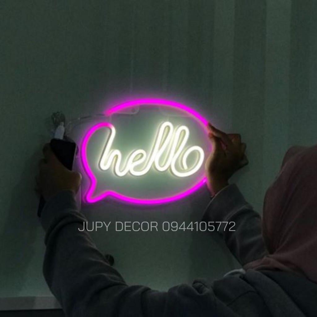 [PIN + USB]  tặng kèm pin Đèn Neon Chữ HELLO trang trí treo tường, treo cửa kính, trang trí shop, cửa hàng, quán cafe