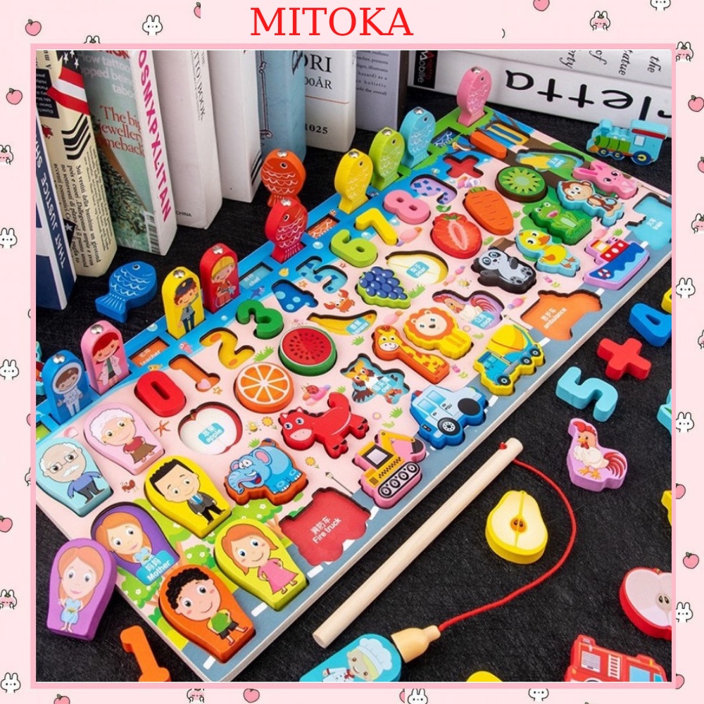 Bộ đồ chơi câu cá gỗ bảng ghép hình bảng xếp hình MITOKA đồ chơi giáo dục 5 IN 1 cho bé WDT05