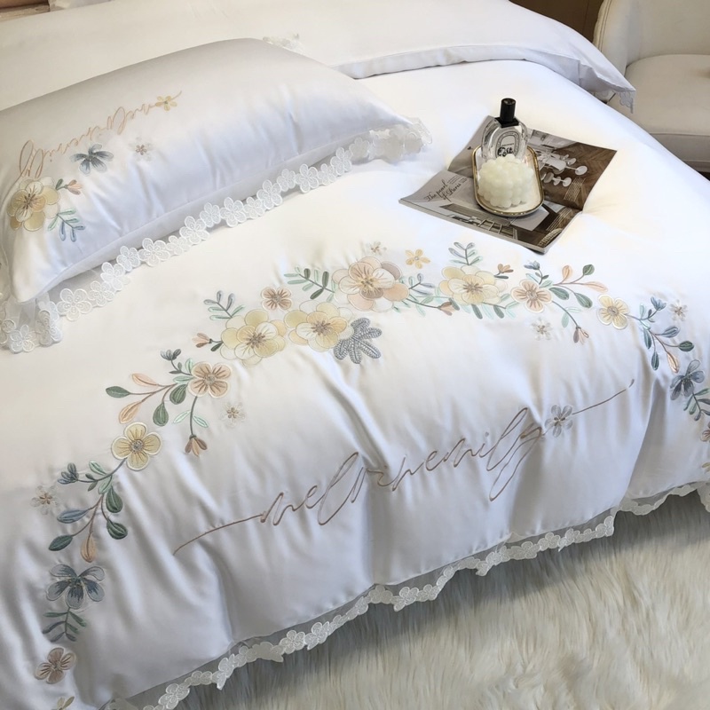 Bộ Chăn Ga Gối Lụa Silk 60s Thêu Hoàng Gia cao cấp set 4 món TIÊU CHUẨN