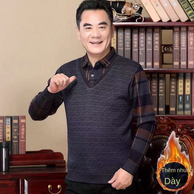 Cha của mùa thu và mùa đông cùng với áo len nhung, áo sơ mi nam đáy dài tay ấm áp cho người trung niên và cao tuổi