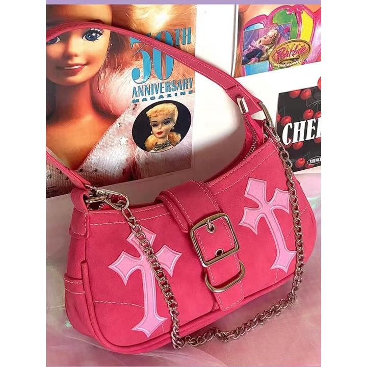 Túi Xách Đeo Dưới Cánh Tay Chất Liệu Canvas Phối Dây Xích Họa Tiết Hoa Hồng Đỏ