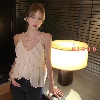 Áo kiểu hai dây MIGUO dáng rộng phối bèo mỏng thời trang quyến rũ cho nữ