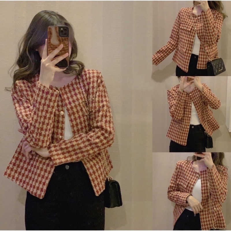 Áo khoác dạ tweed đỏ đen dáng ngắn họa tiết răng sói phối cúc (có ảnh thật)