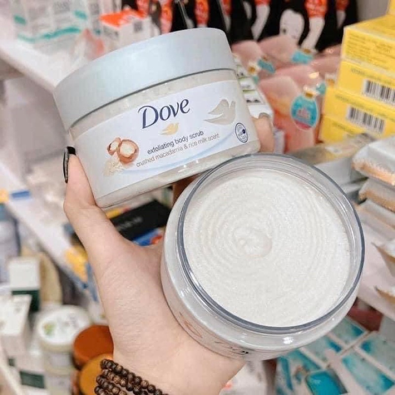 Tẩy tế bào chết Dove bản Đức lựu bơ và macca sữa gạo làm sạch da body, dưỡng trắng, cấp ẩm hũ 225gr