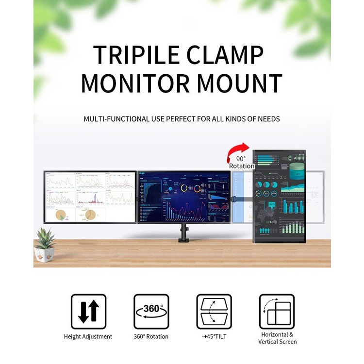 Giá treo, cột treo 3 màn hình máy tính ngang kẹp bàn M083, arm màn hình 13-27 inch xoay màn hình 360 độ