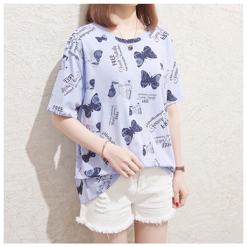 Áo thun big size màu xanh tím cổ tròn hình bướm size 65-95kg