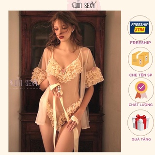 Bộ ngủ ren xuyên thấu bodysuit kèm áo choàng sexy QS449
