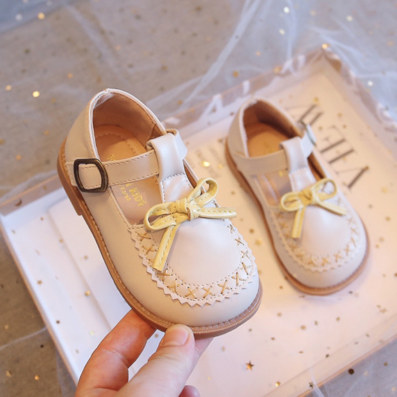 Giày Da Đế Mềm Chống Trượt Đính Nơ Phong Cách Vintage Cho Bé Gái 2-8 Tuổi