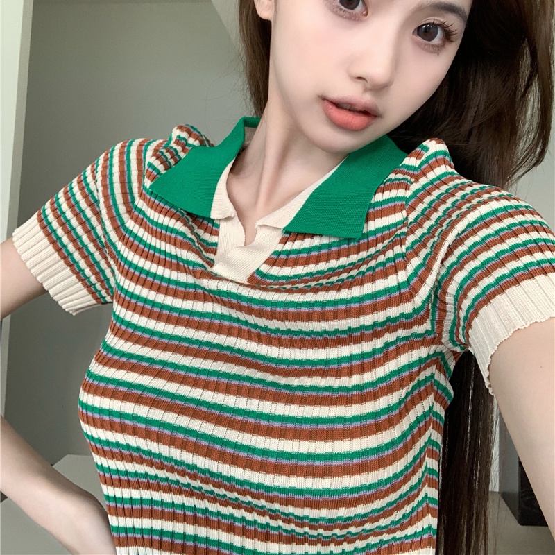 Áo Croptop Len Mongtoghi Kẻ Cổ Bẻ Cộc Tay Co Giãn Thời Trang Sugal TOP NU 049V1