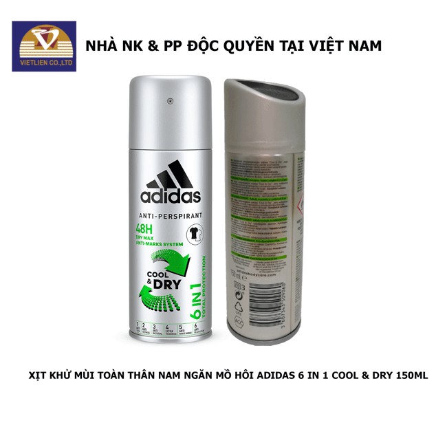 Xịt Khử Mùi Toàn Thân Nam Ngăn Mồ Hôi Adidas 6 in 1 Cool & Dry 150ml