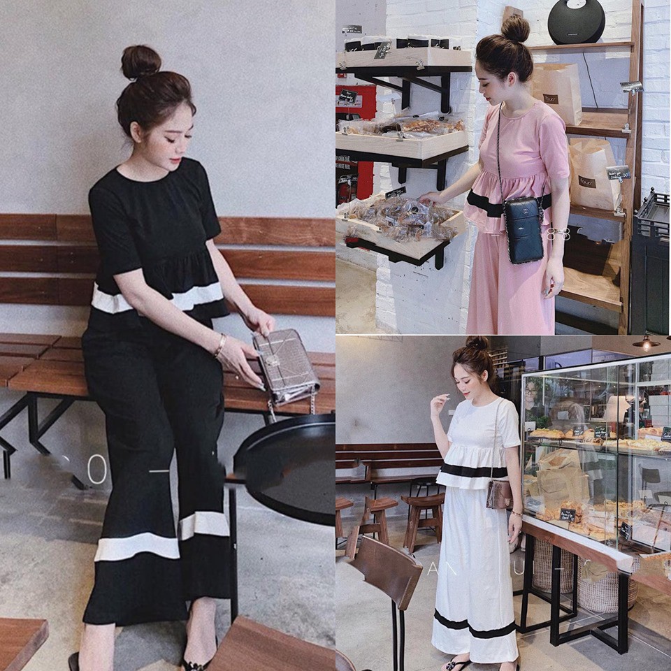 Set bộ áo Peplum xòe tay ngắn cổ tròn và quần culottes ống suông dài, phối viền độc đáo, SET PEPLUM VIỀN