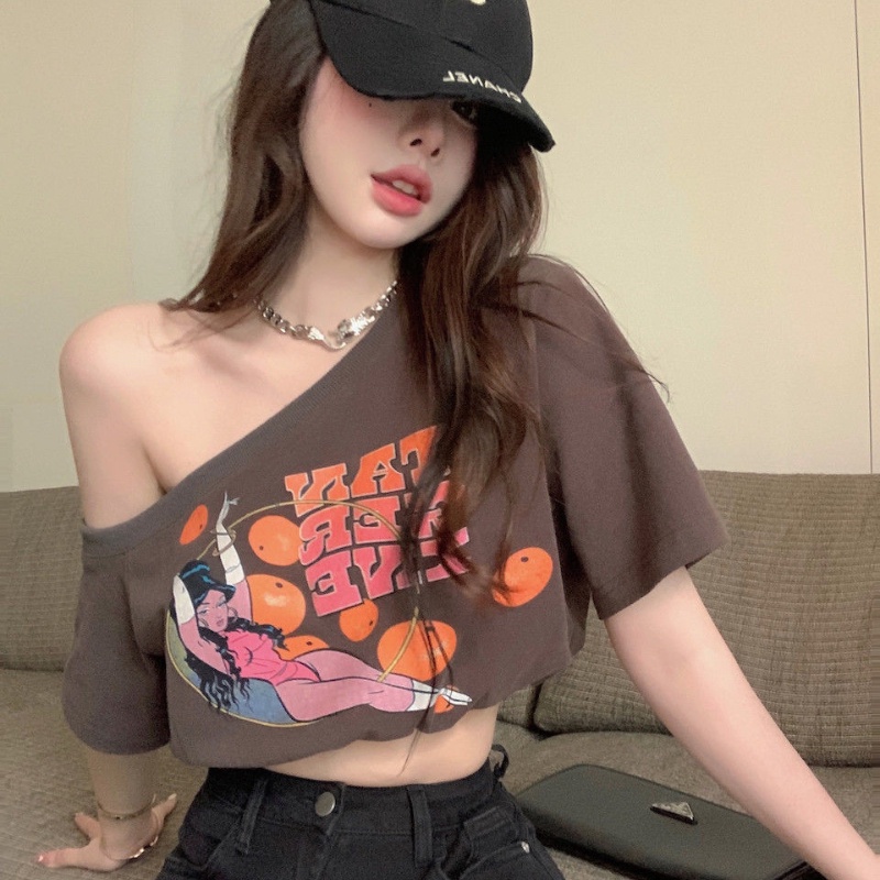 COZOK Áo Thun Tay Ngắn Hở Vai In Họa Tiết Phong Cách retro Thời Trang Cho Nữ