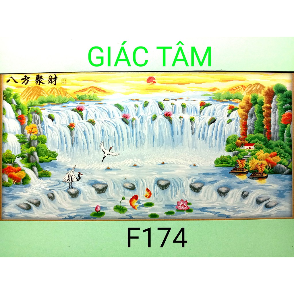 Tranh thêu NÚI THÁC CÁ HẠC CÂY NHÀ THUYỀN BUỒM CHỮ - 143x76cm - F174 - tranh thêu chữ thập chưa thêu